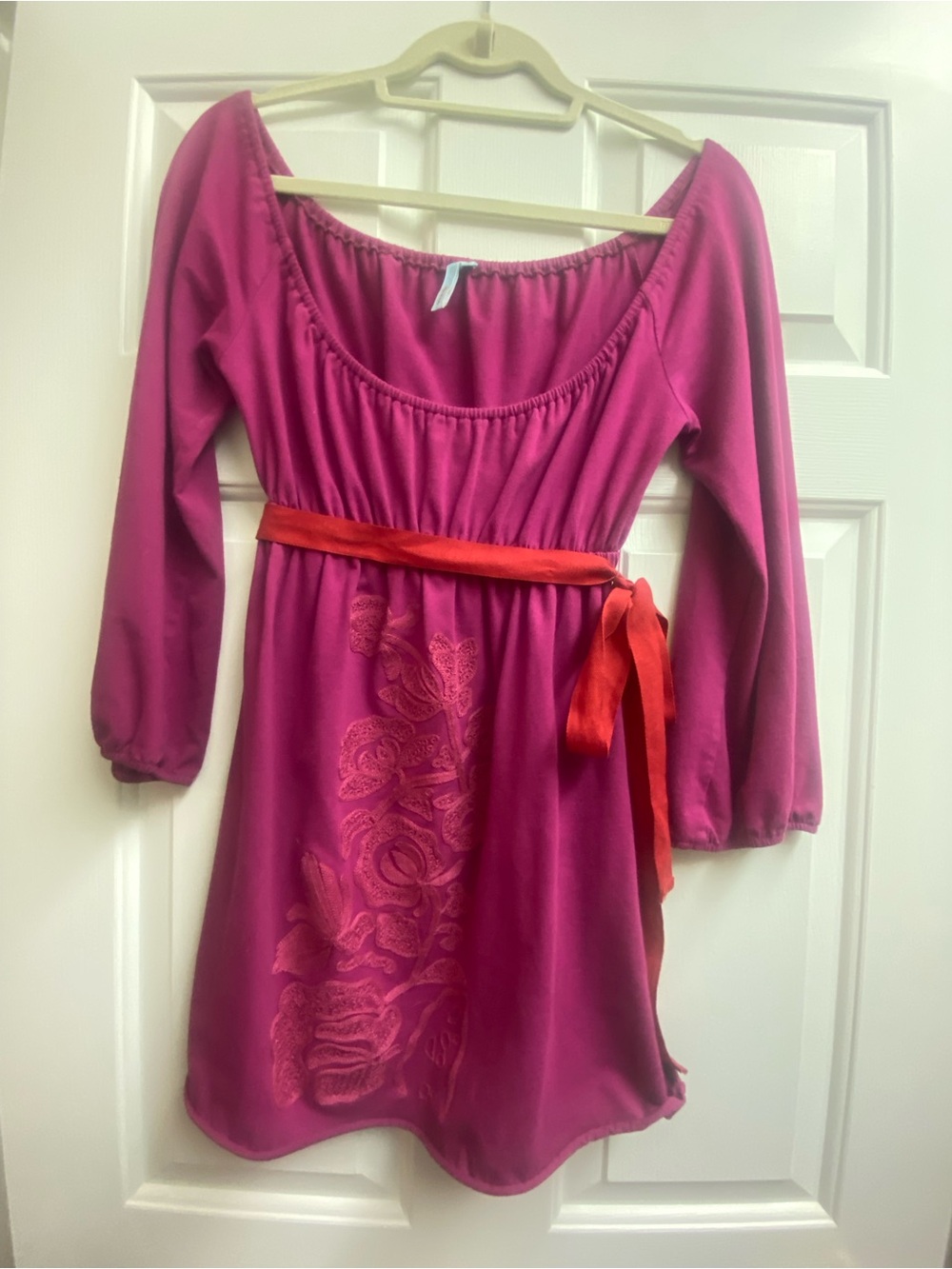 Vintage Fuchsia Pink Embroidered Peasant Tunic Top Mini Dress, Size P